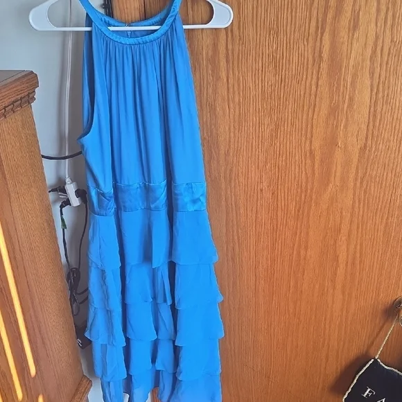 evan picone blue dress Two Piece Strapless Sweep Train Blue Satin Prom Dresses with Pockets –  Tirdress main image 0